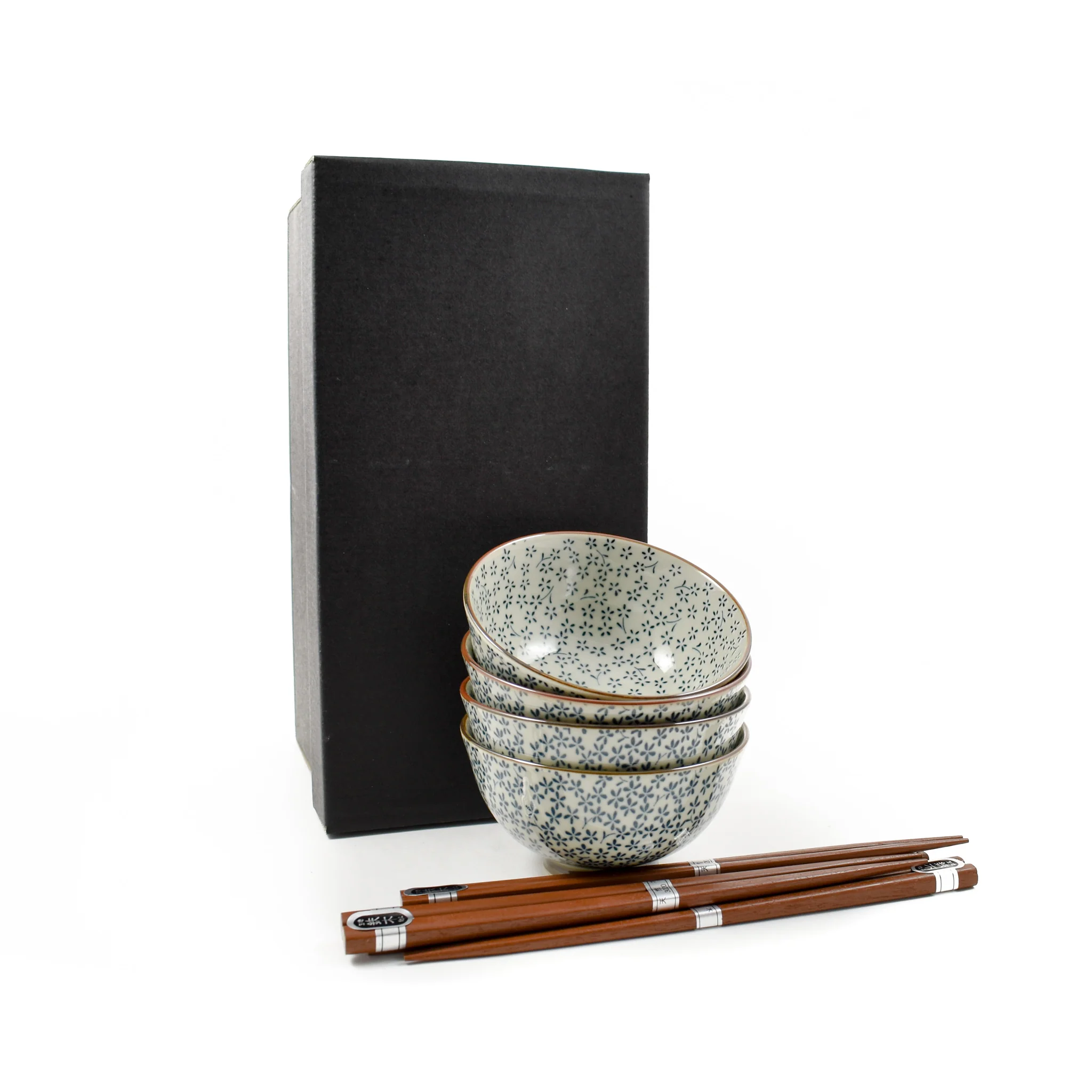Blue & White Flower Rice Bowl Set With Chopsticks - Image 2