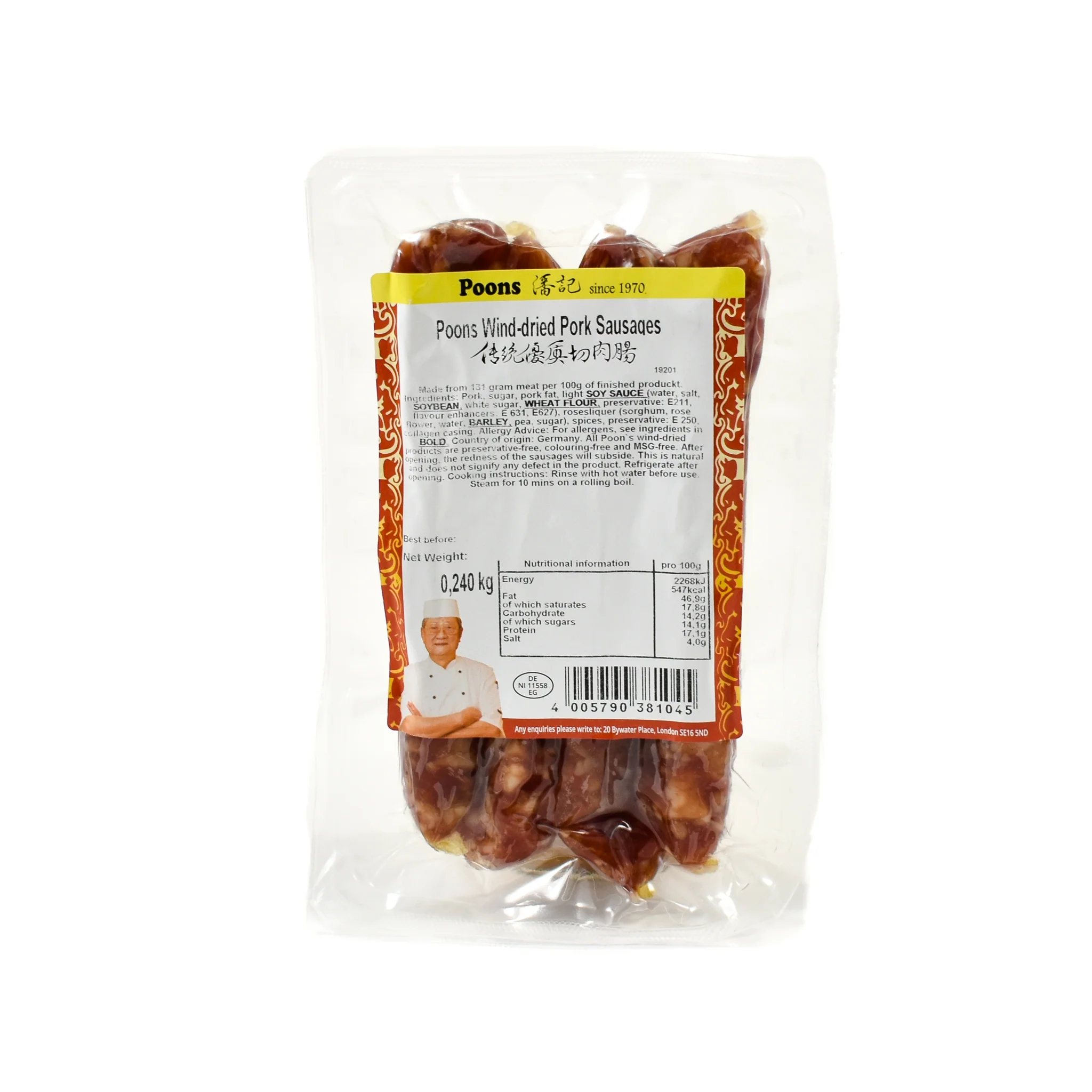 Poon's Chinese Wind-Dried Pork Sausage, 240g