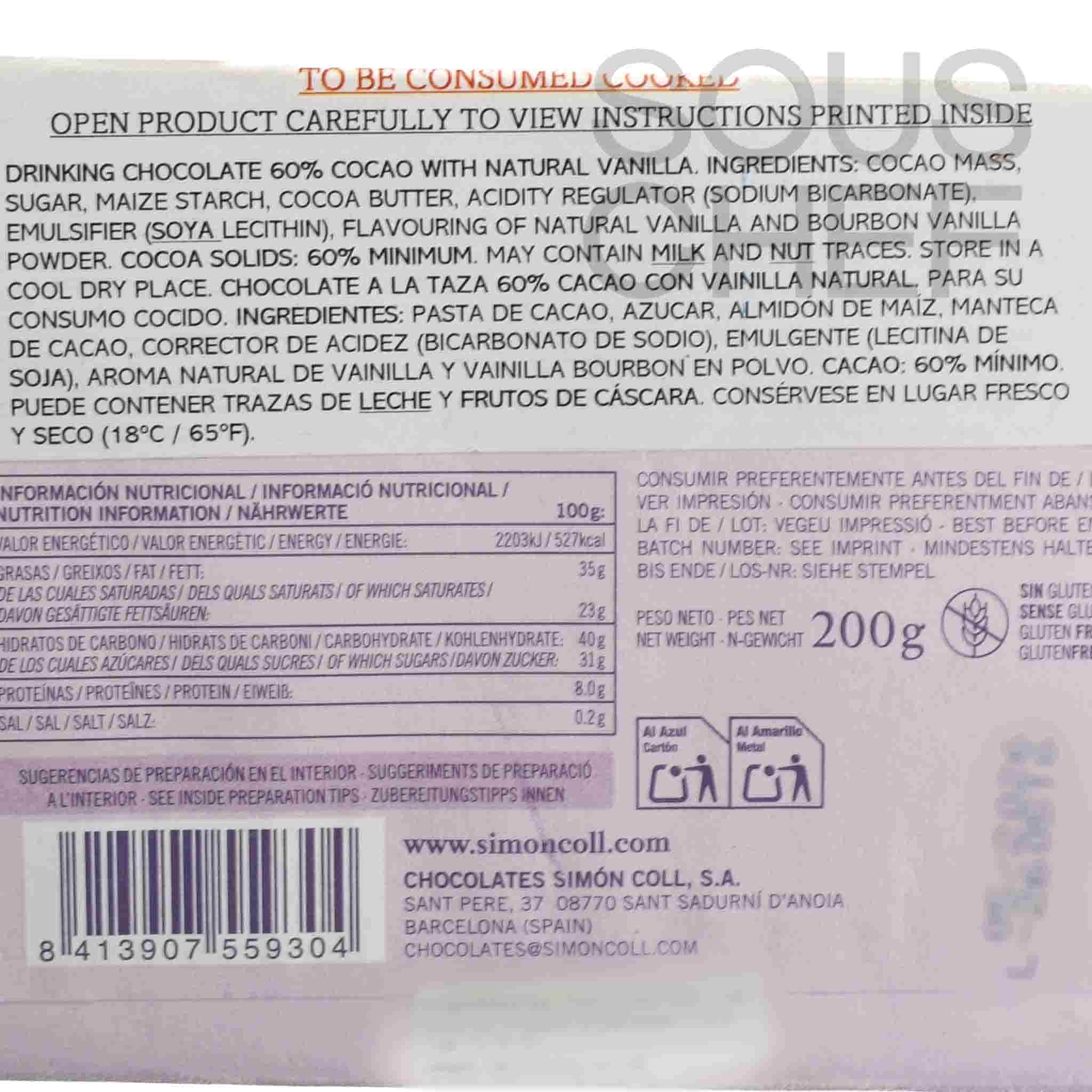 Drinking Chocolate Bar with 60% Cocoa & Bourbon Vanilla, 200g - Image 2