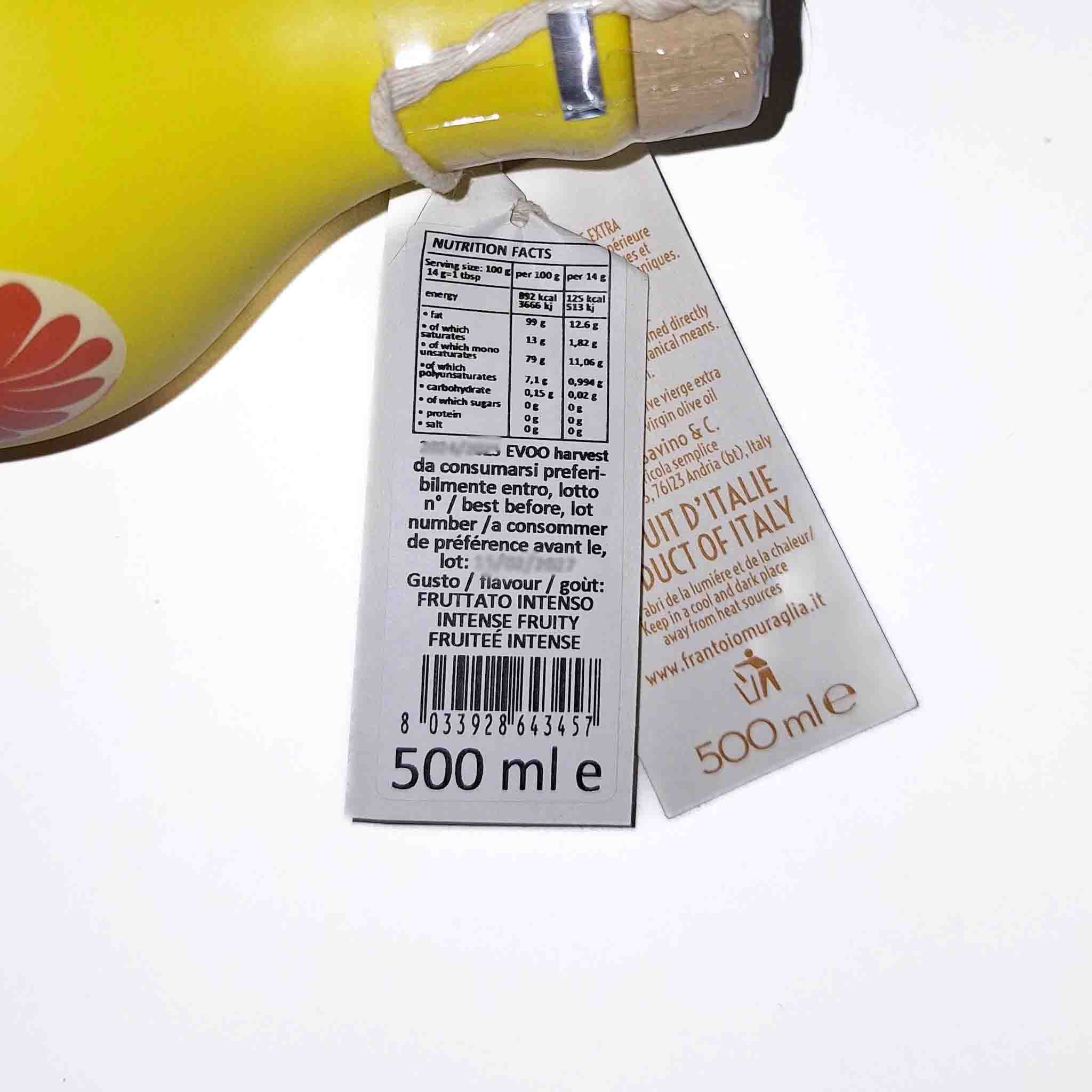 Frantoio Muraglia Medium Fruity Extra Virgin Olive Oil in Mediterranean Fruits Bottle, 500ml - Image 2