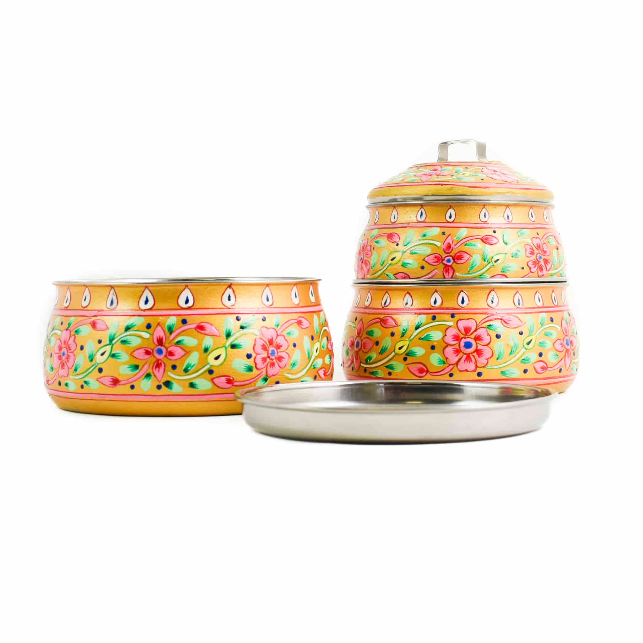 Hand Painted Three Tier Yellow Tiffin Tin, 1.5 Litre - Image 2