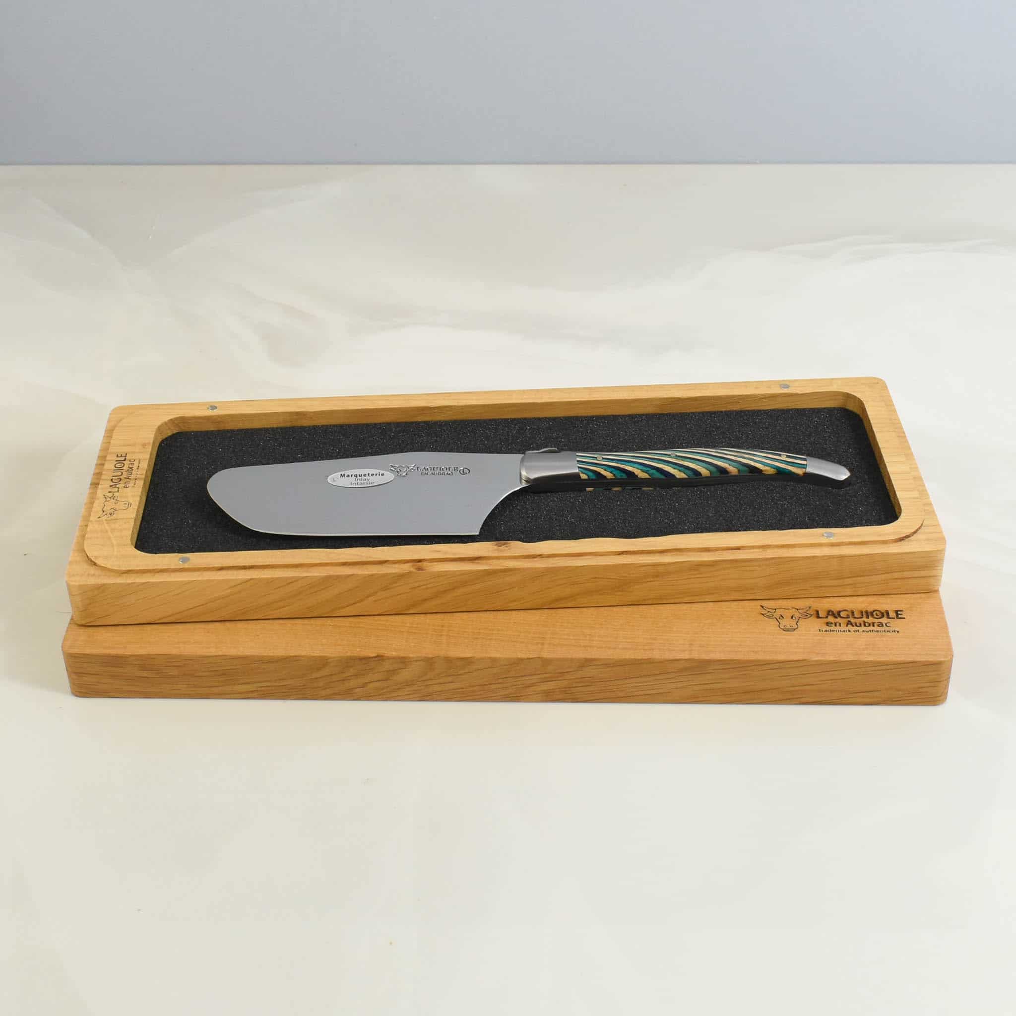 Laguiole en Aubrac Turquoise Hard Cheese Knife, Striped Wood - Image 2