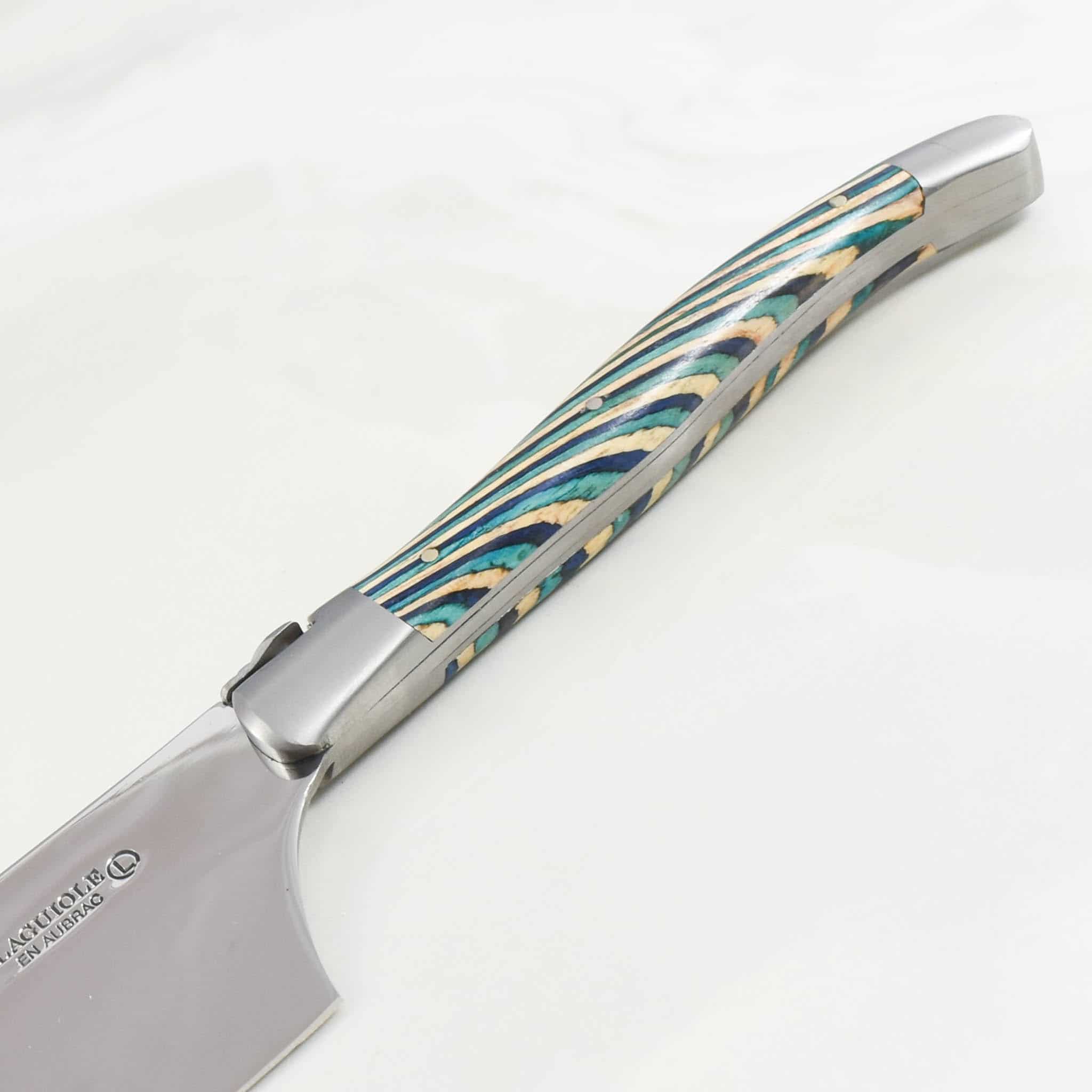 Laguiole en Aubrac Turquoise Hard Cheese Knife, Striped Wood - Image 3