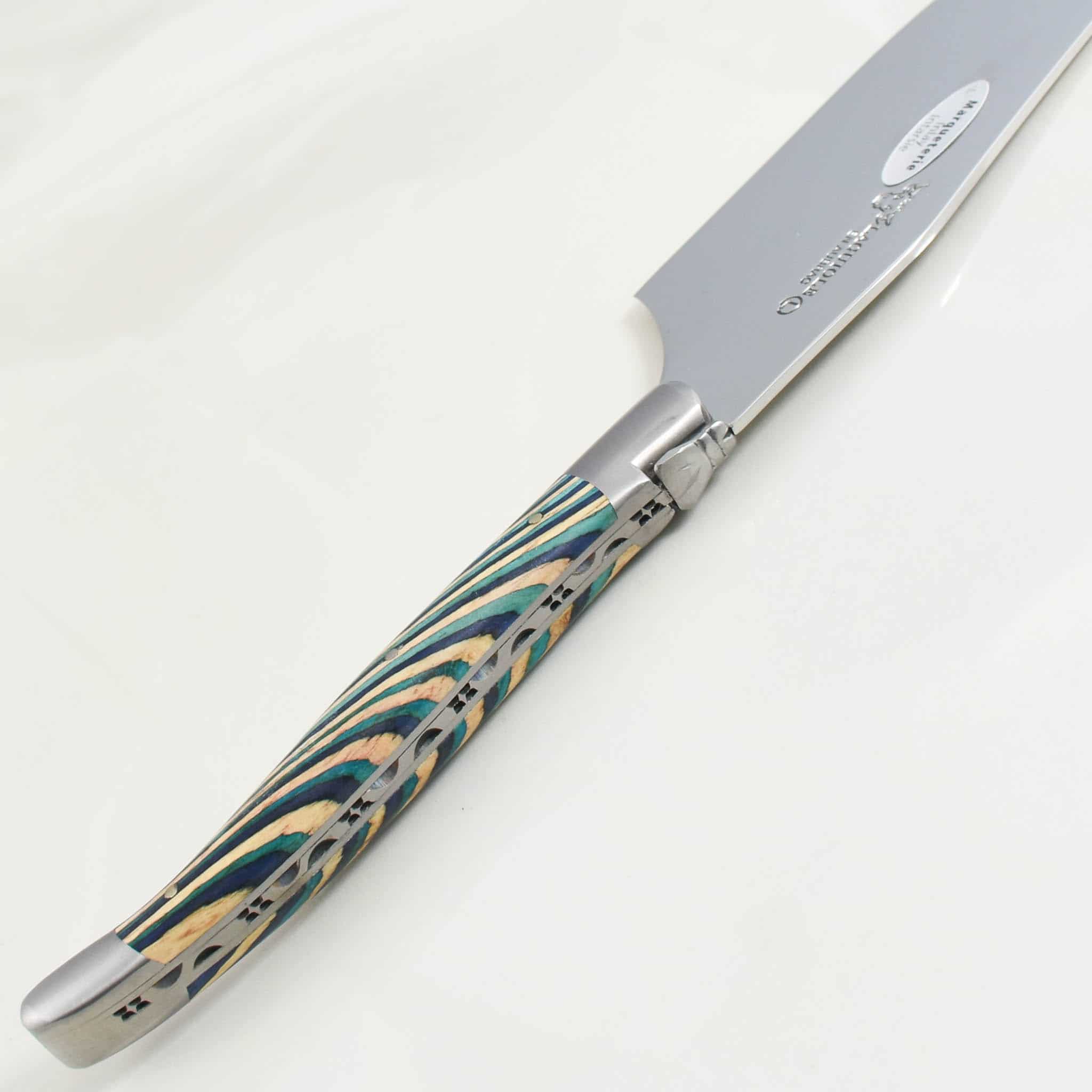 Laguiole en Aubrac Turquoise Hard Cheese Knife, Striped Wood - Image 4