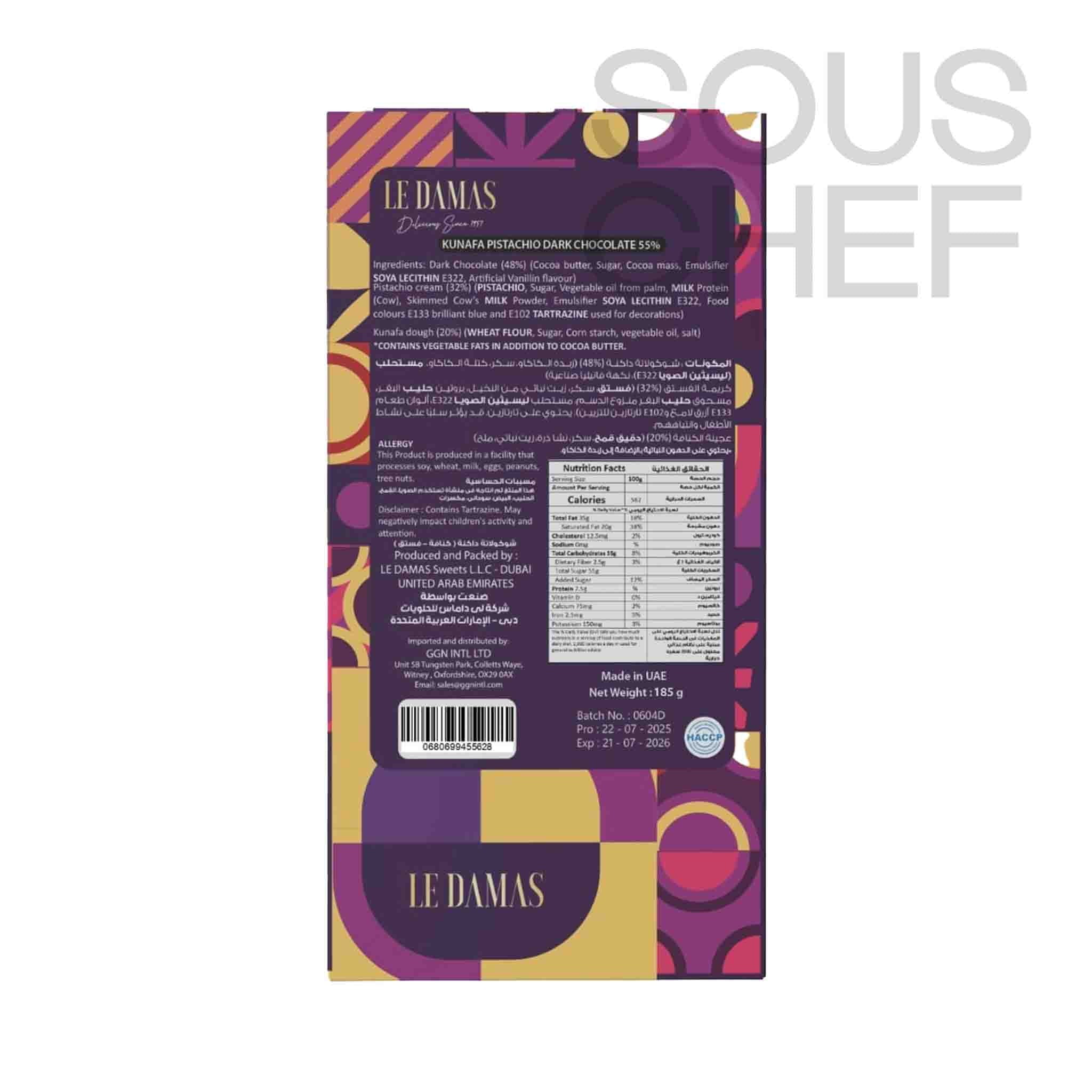 Le Damas "Original Dubai Chocolate" Bar, Dark Choc, Pistachio & Kunafa, 185g - Image 4