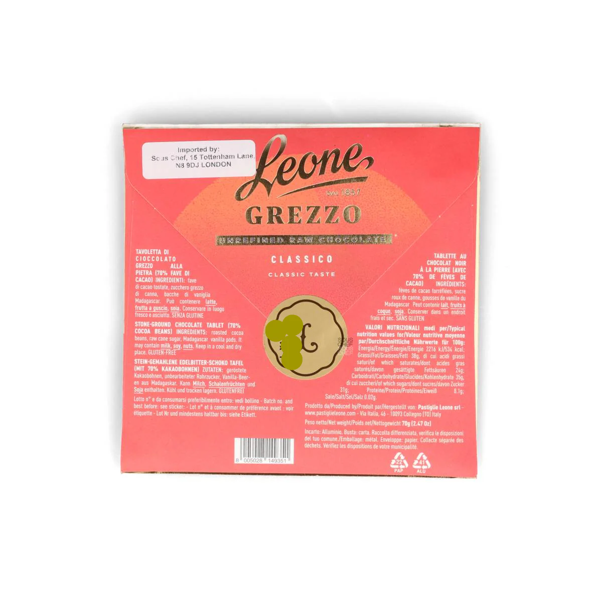 Leone Raw Unrefined 70% Dark Chocolate Bar, 70g - Image 2