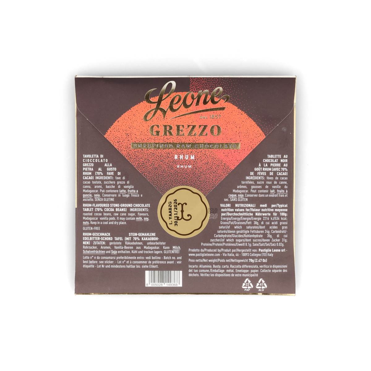 Leone Raw Unrefined 70% Rum Dark Chocolate Bar, 70g - Image 2