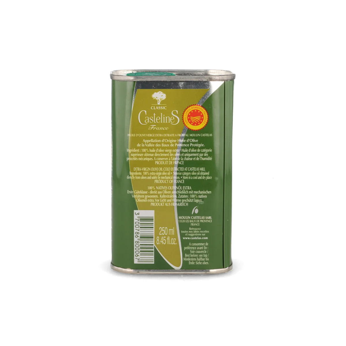 Moulin Castelas AOP Vallee des Baux de Provence Extra Virgin Olive Oil in Tin, 250ml - Image 2