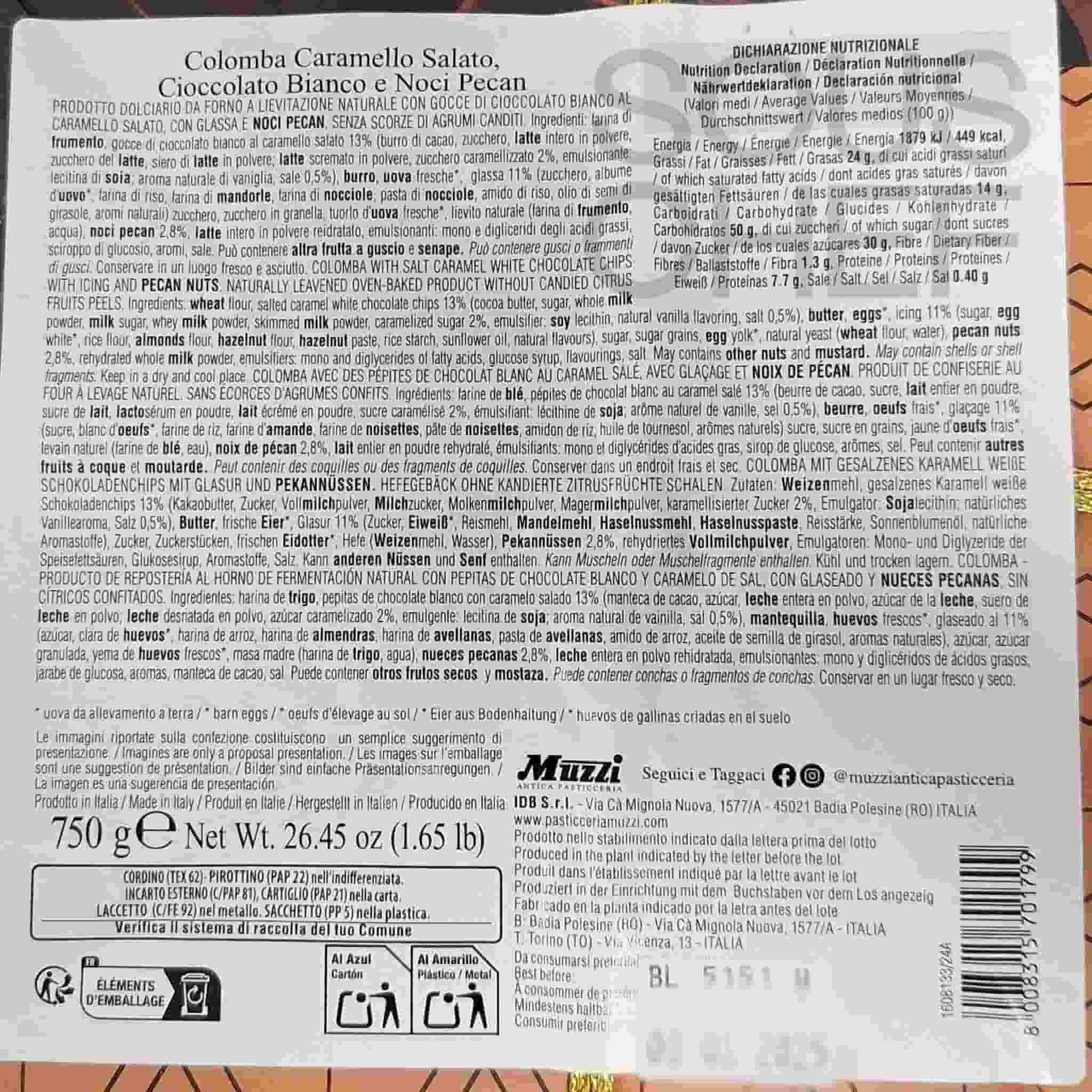 Muzzi Salted Caramel, White Chocolate & Pecan Colomba, 750g - Image 4