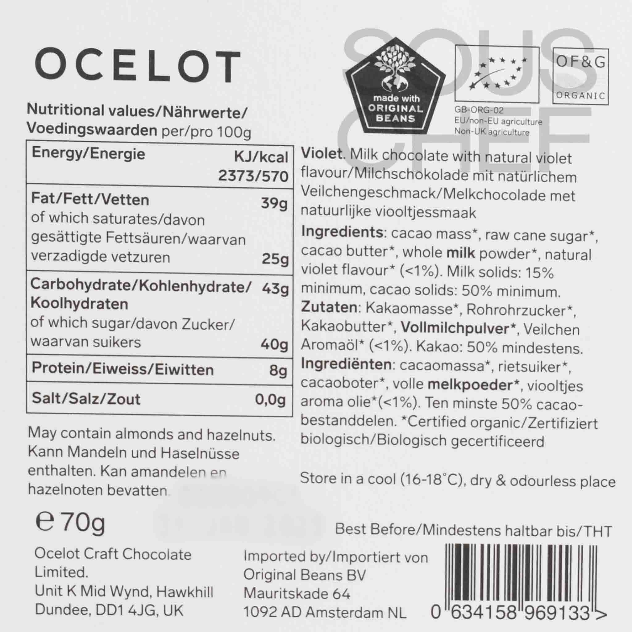 Ocelot Organic Milk Chocolate & Violet Chocolate Bar, 70g - Image 4