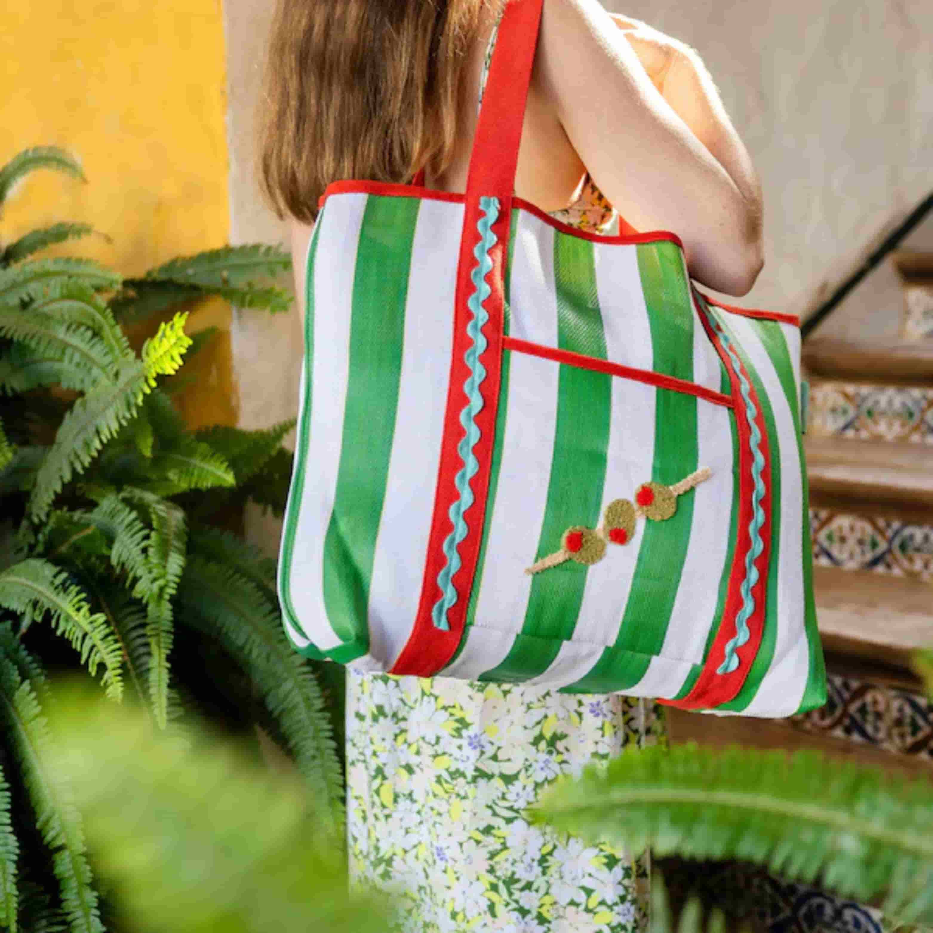Recycled Plastic Striped Olive Tote Bag - Image 2