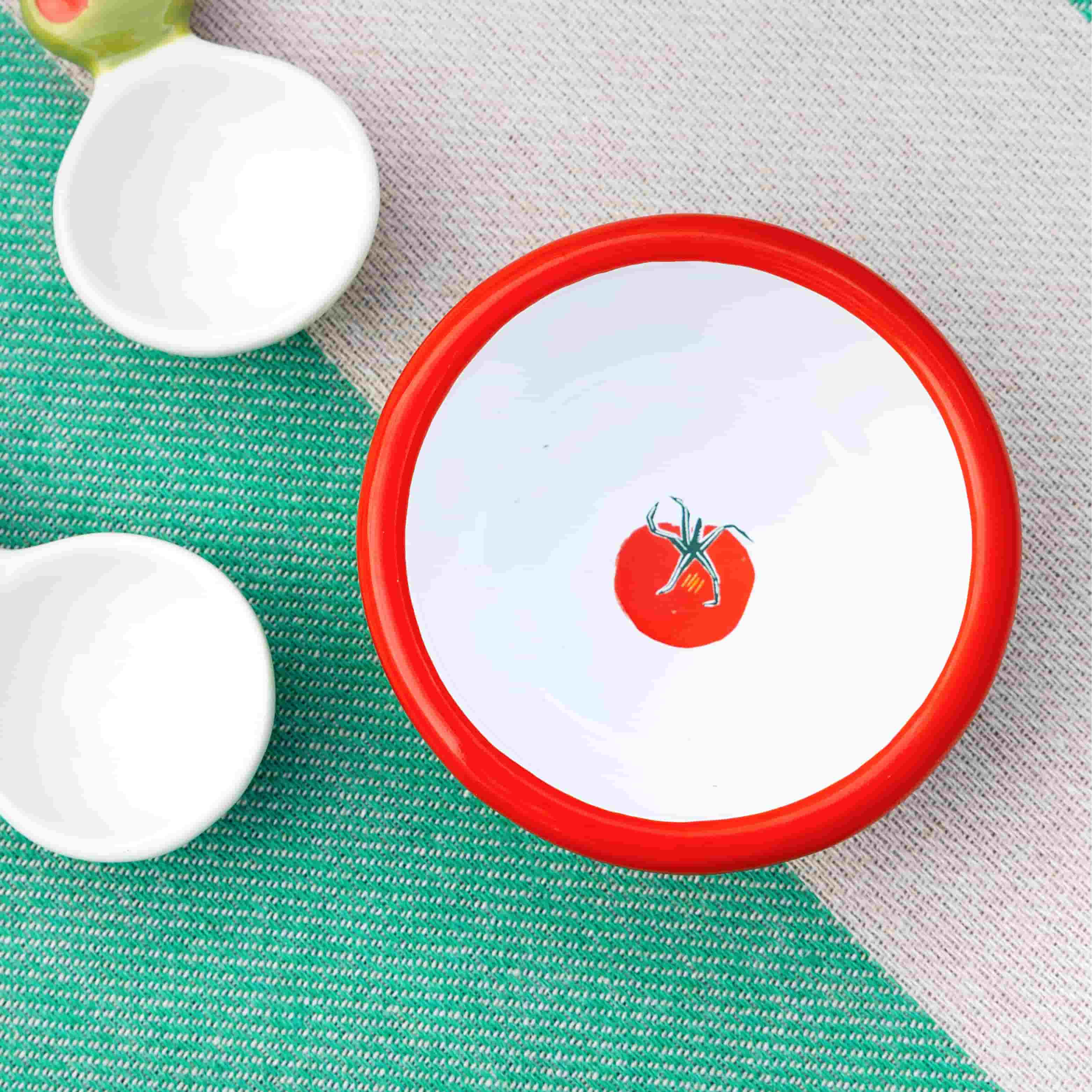 Tomato Printed Green Enamel Snack Bowl, 8cm - Image 2